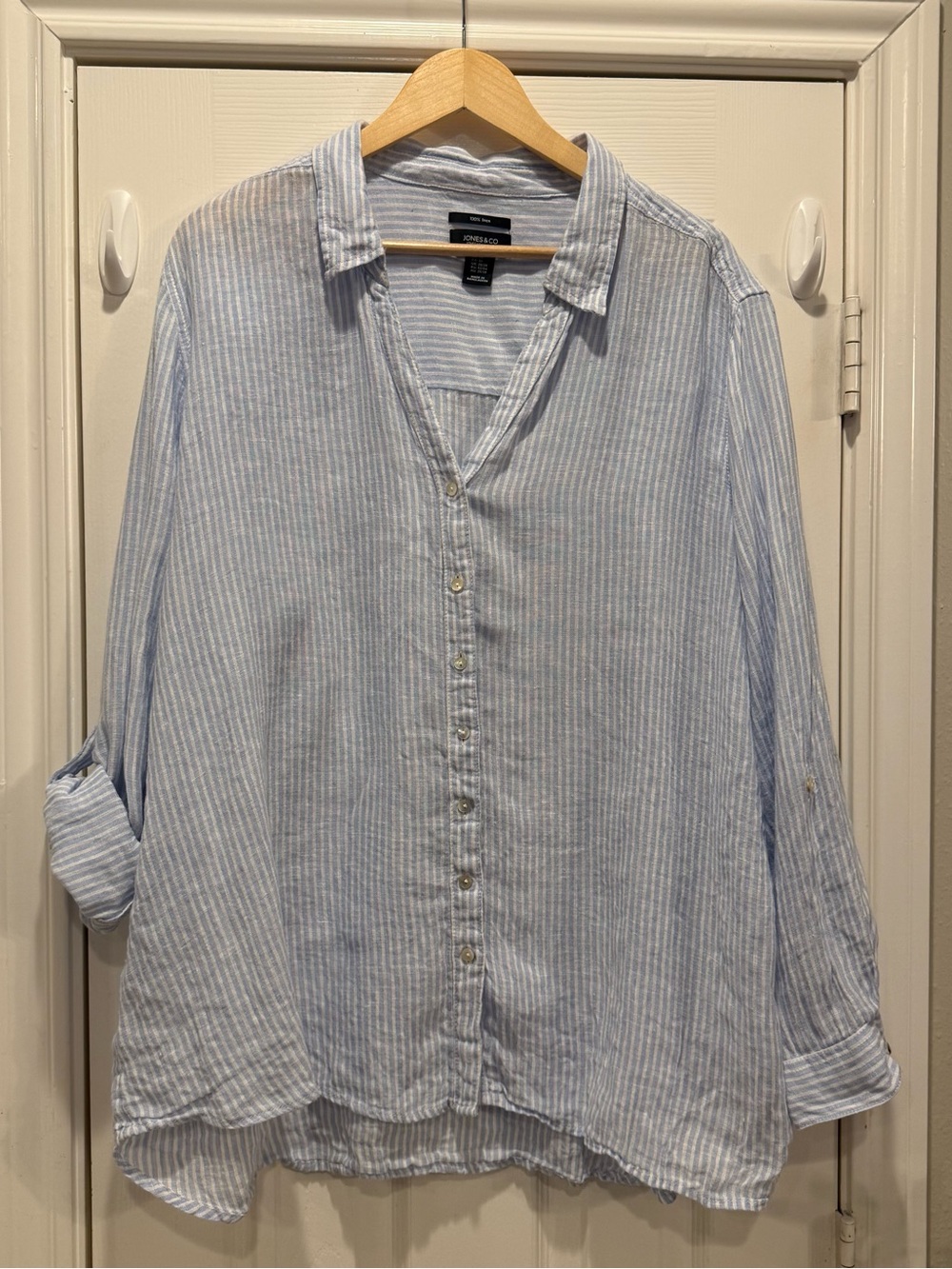 Jones New York 100% Linen Button Up Shirt Women’s Sz 3XL Blue Stripes Roll Tab